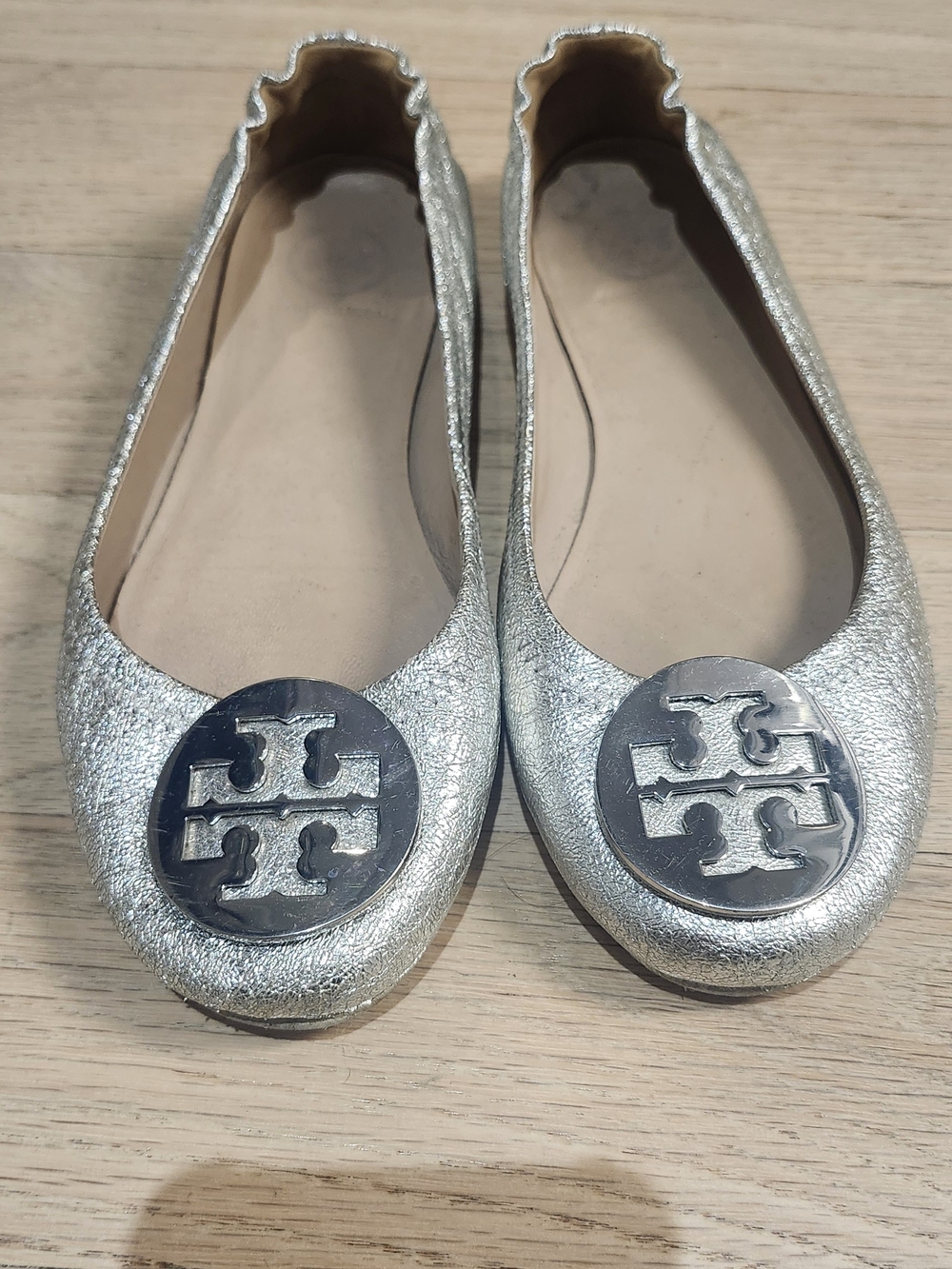 Tory Burch Metallic Silver Logo Ballet Flats